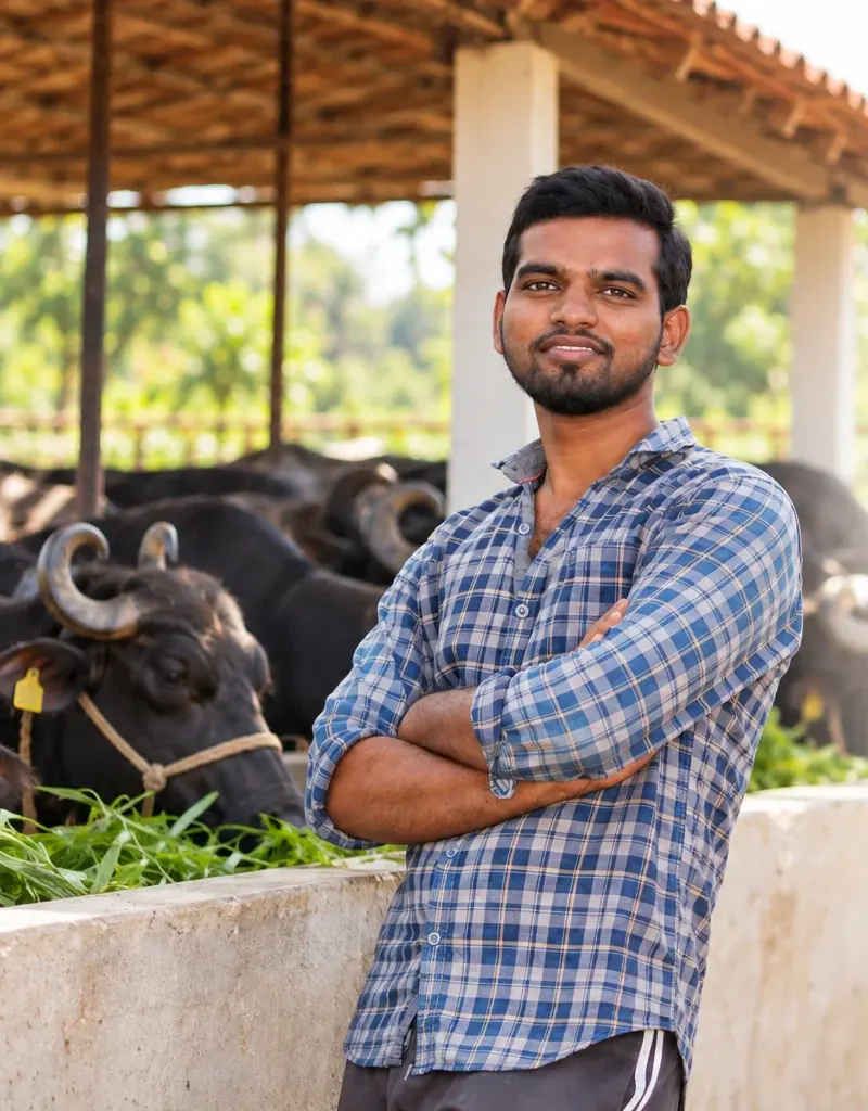 The founder of RK Farms, arms folded, standing beside buffaloes at a cattle shed (AI-assisted portrait)
